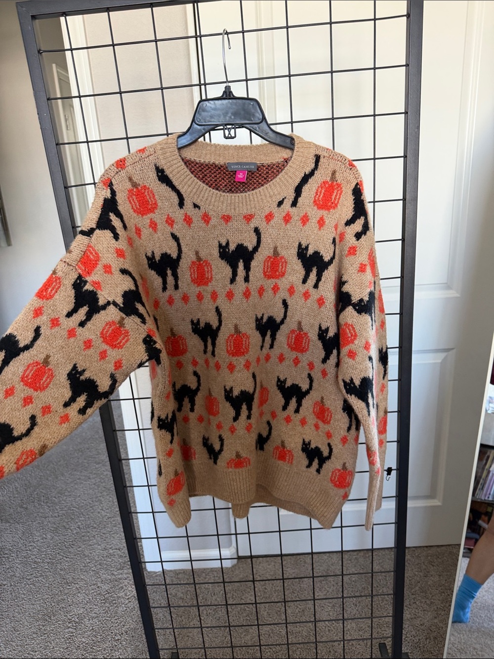 Vince Camuto Tan Sweater with Black Cats and Orange Pumpkins